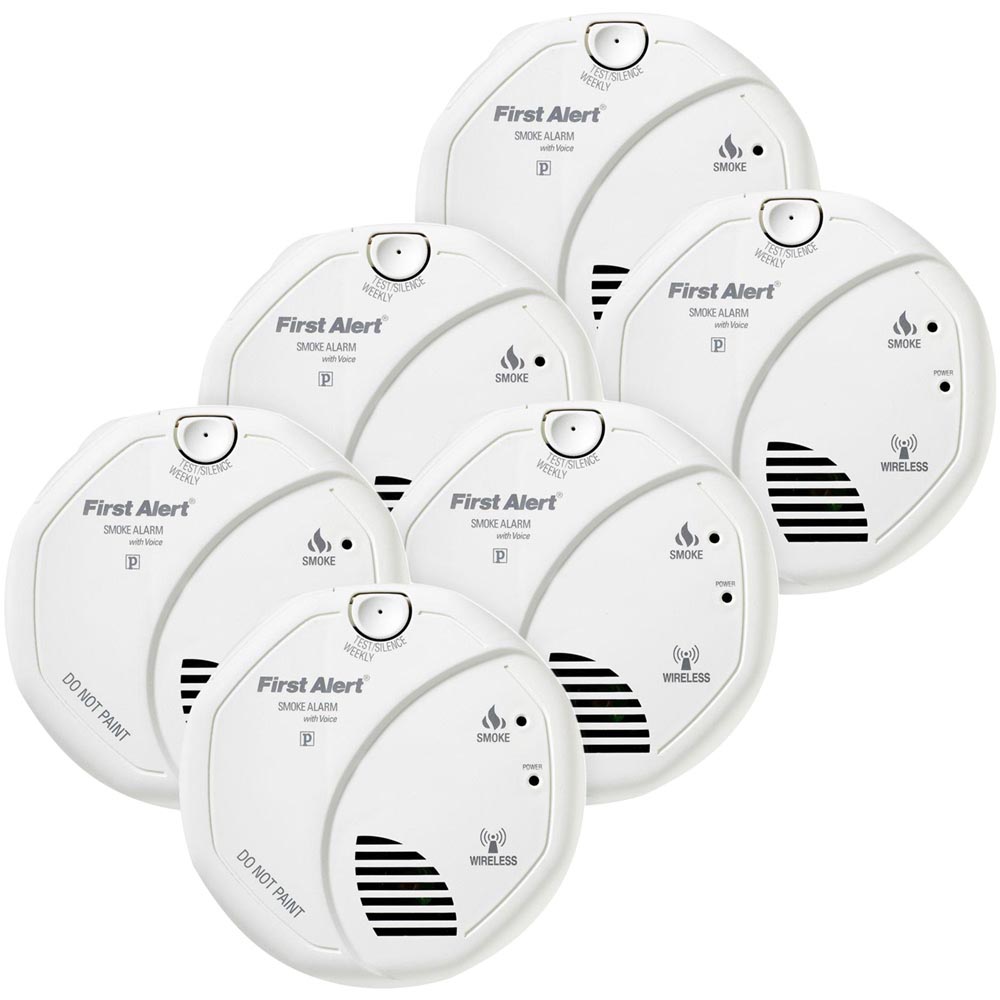 Bundle of Three First Alert Wireless Interconnect Battery Operated Smoke Alarm With Voice Location Twin Packs (6 Alarms)