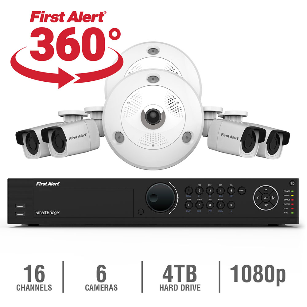 First Alert 16 Channel HD 4TB NVR Surveillance System with 2-3MB 360 Cameras and 4-1080p Bullet Cameras, Smartbridge NC1642F4-360