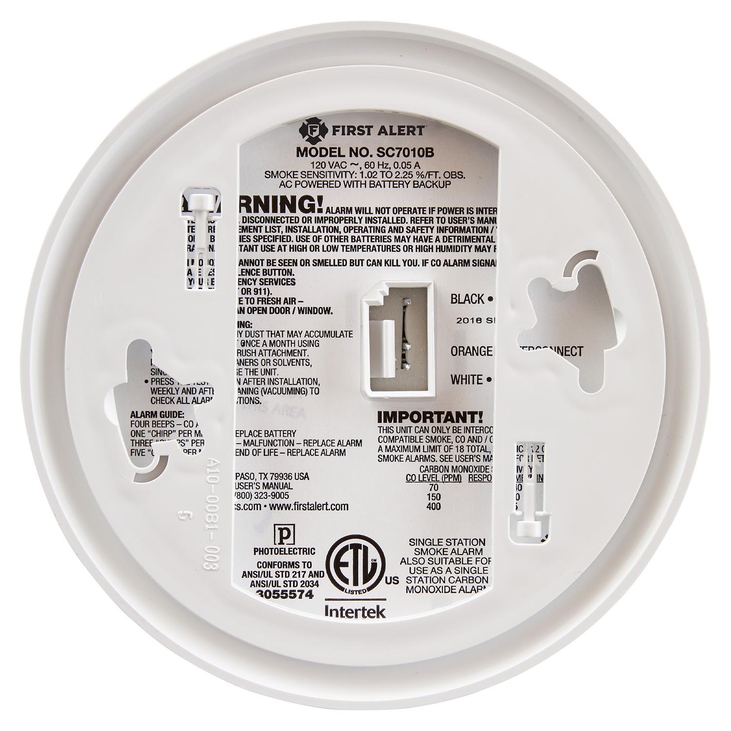 First Alert SC7010B Hardwired Photoelectric Smoke/Carbon Monoxide Alarm